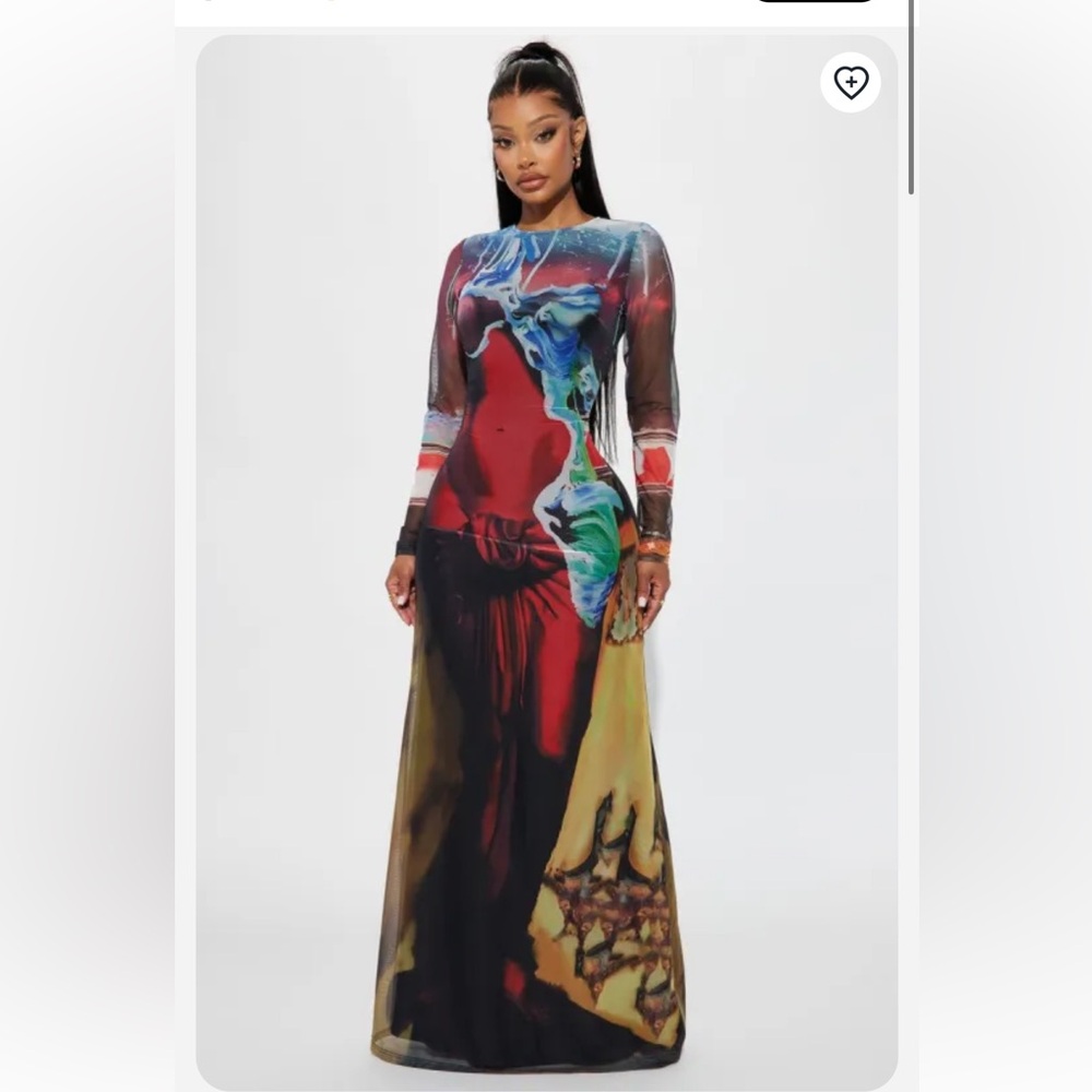Abstract Multicolor Long Sleeve Maxi Dress